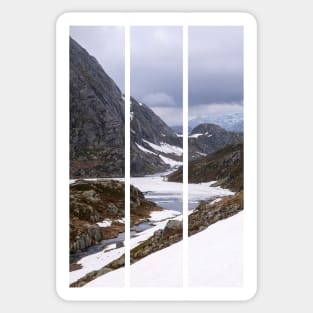 Wonderful landscapes in Norway. Vestland. Beautiful scenery on the Ryfylke scenic route. Mountains, rocks and snow in background. Cloudy day (vertical) Sticker